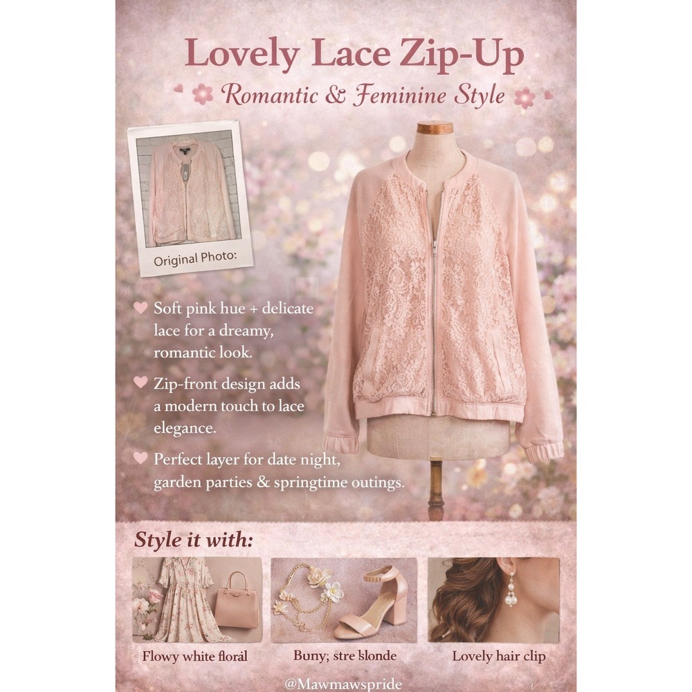 Apt 9 Womens‎ Pink Lace Bomber Jacket Zip Up Floral Romantic  XL New
